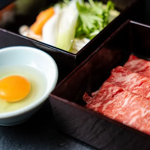 Joshu Akagi Wagyu Beef sukiyaki prepared at the table